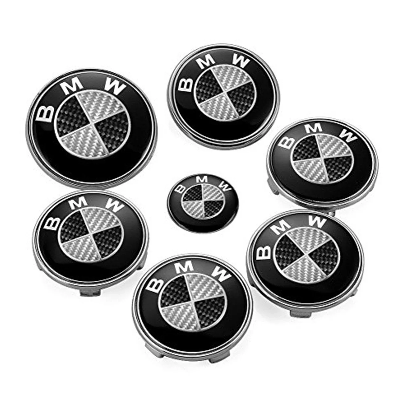 JUEGO DE 7 INSIGNIAS PARA LLANTAS DE BMW EFECTO DE CARBONO EN BLANCO Y NEGRO